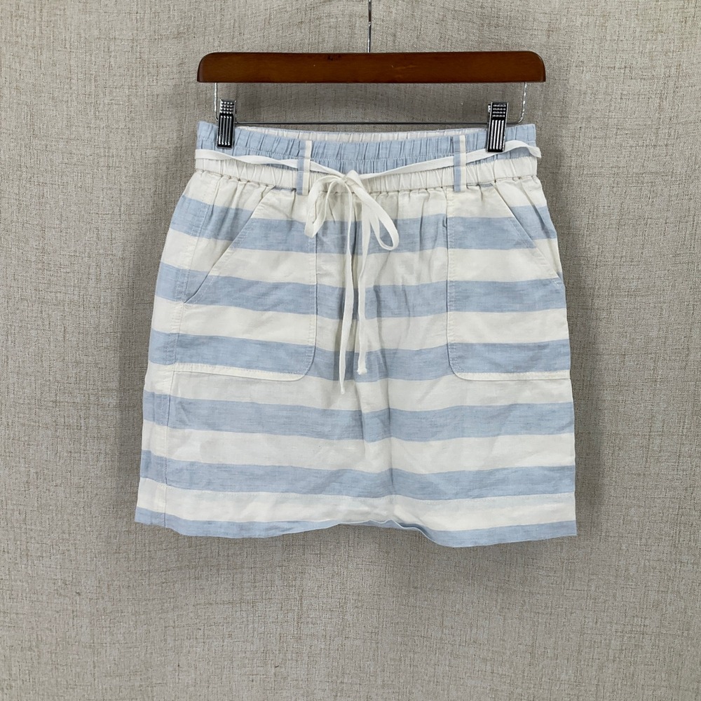 LOFT Skirt Womens XS Blue Linen Striped Elastic Waist Drawstring Coastal Mini